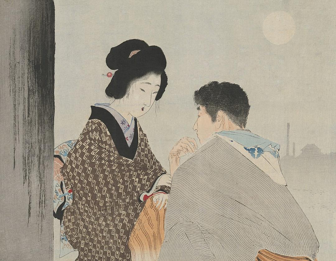 A Japanese woman in traditional  is leaning over to talk with an Asian man, in the woodblock print style of [Uemura Shōen](https://goo.gl/search?artist%20Uemura%20Sh%C5%8Den). She has black hair and wears light brown . The background shows the moonlight shining through clouds. Her expression reflects joy as she looks at him while he sits on his knees wearing gray pants. He appears slightly surprised or hopeful by her conversation.