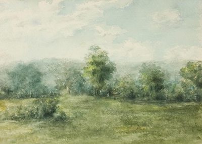 Vintage Watercolor of a green meadow with trees in the background, muted colors, soft focus on a sunny day, in the style of Charles Francois Daubigny.