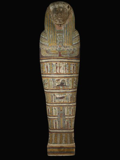 A full body photo of an ancient Egyptian mummy case with hieroglyphs painted on it in the style of ancient Egyptian artists, on a black background, shown from the front view.