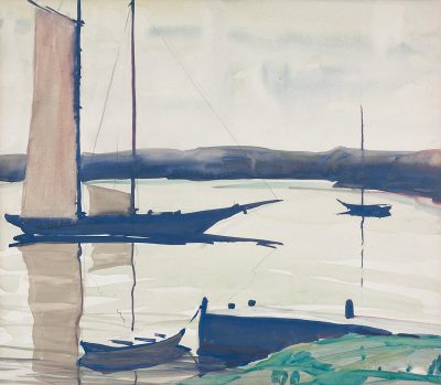 [Gifford Beal](https://goo.gl/search?artist%20Gifford%20Beal)'s painting depicts muted pastel colors in a minimalist watercolor style showing sailboats on the river, in light gray and green tones with blue accents, using wide brushstrokes in a largescale landscape format.