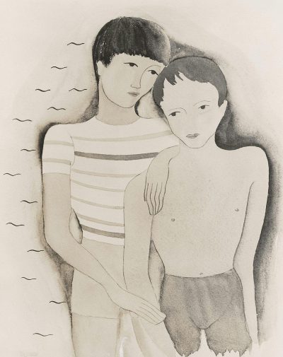 Chinese ink, two young man standing together by the beach in striped tshirts and shorts, one with his arm around another's shoulder, a drawing of them looking at each other from above, a soft gray background, light white tones, delicate lines