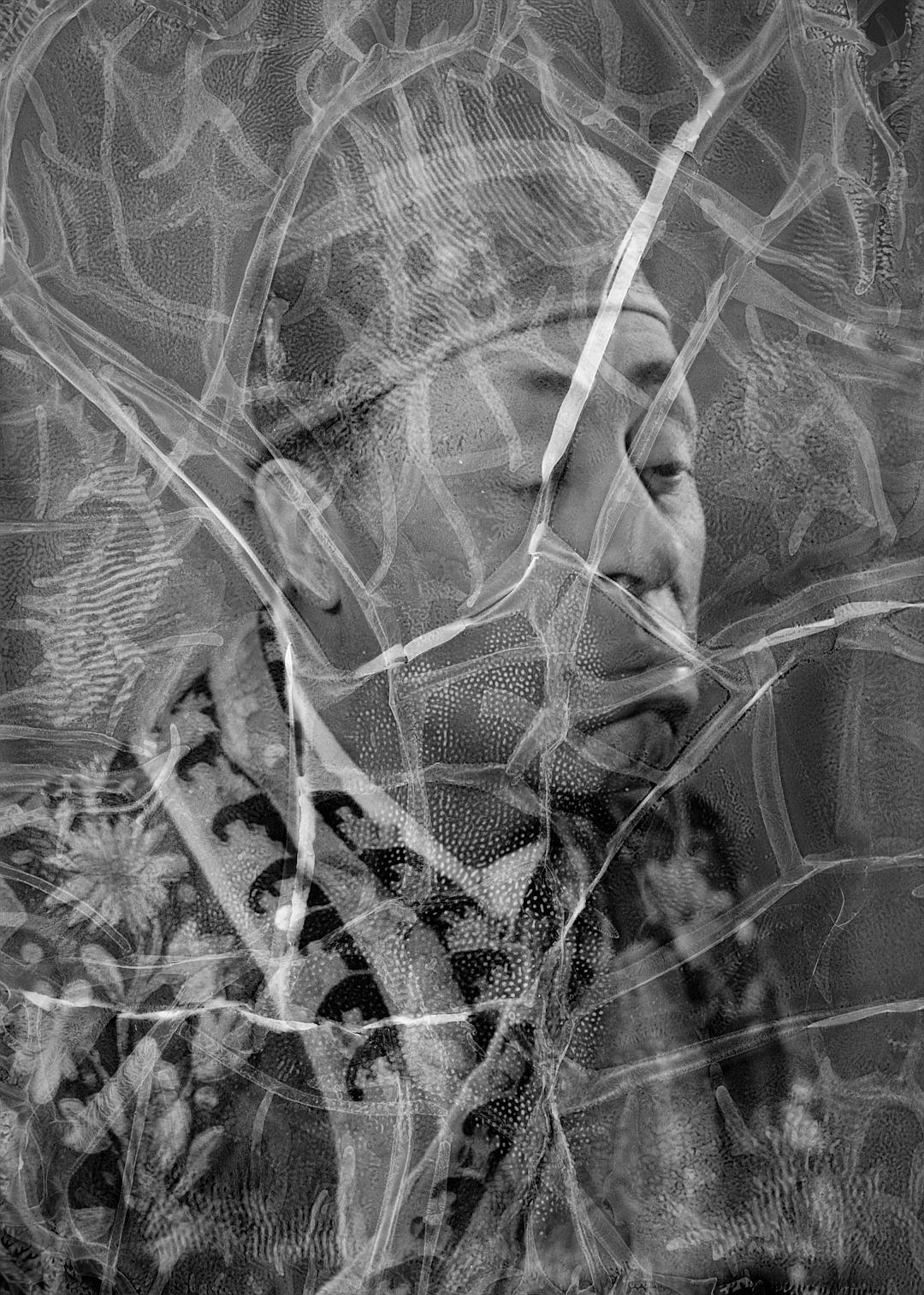 An old woman wearing lace in the style of Christophe Daytonaer, multiple exposure, ethereal, in the style of [Kehinde Wiley](https://goo.gl/search?artist%20Kehinde%20Wiley), through thick tulle layers and sheer fabrics, black & white photography, glitch art, double exposure effect, xray background, x line effect, xray effect, super realistic, hyper detailed, hyper realism, hyper focus, hyper colorized, hyper real.