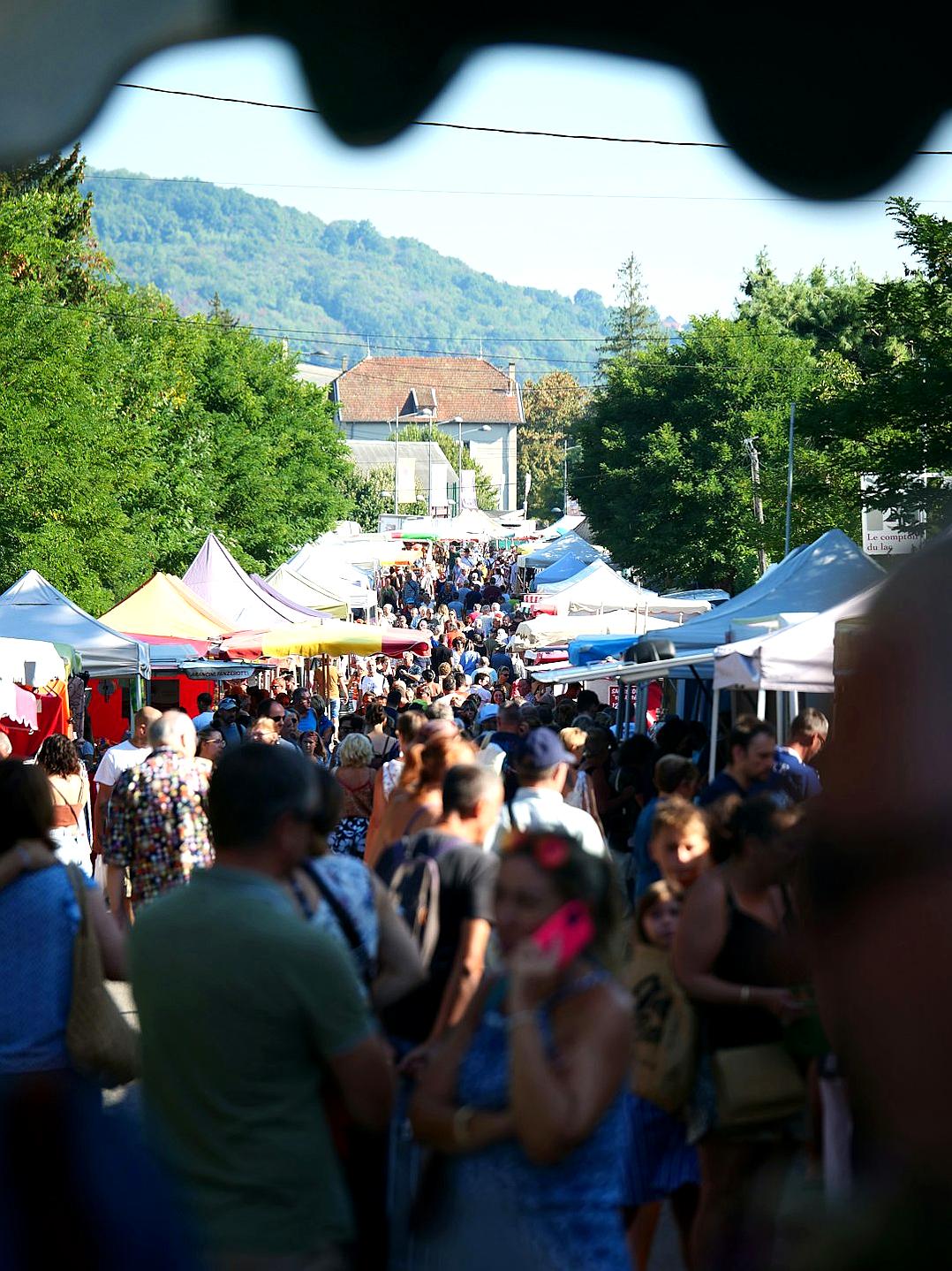 photo of an outdoor street market in the french countryside, crowds walking around, blue sky and green trees, white tents with pop up stalls selling art and goods, architecture in background, mountains visible in distance, shot from behind people’s heads looking at camera,