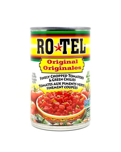 A can of "ROTEL original" with fine chopped tomatoes and green chilies, isolated on a white background, is a product photography product shot with studio lighting and a studio background. The product design shows product details, with a label in the top corner showing the brand name Ratoms while the color is red yellow blue. A red label on the side shows the weight 204g. The front view of the packaging is colorful and attractive, with text reading 'ROTEL original' and 'originals'. The words above say 'Fine Chopped Tomatoes & Green Chilies', in the style of hamburgers.