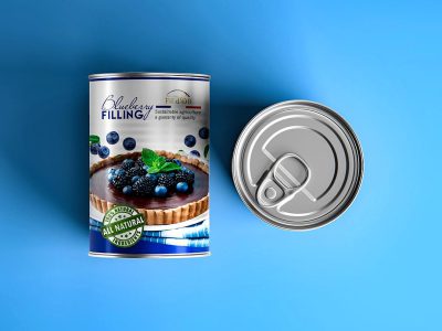 create mockup of "Blueberry Filling" can with blue background, ultra realistic photography