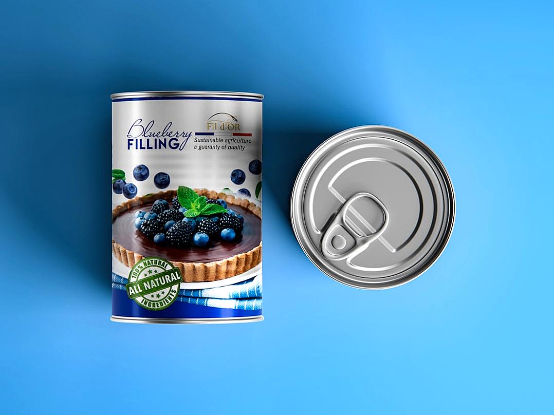 create mockup of “Blueberry Filling” can with blue background, ultra realistic photography