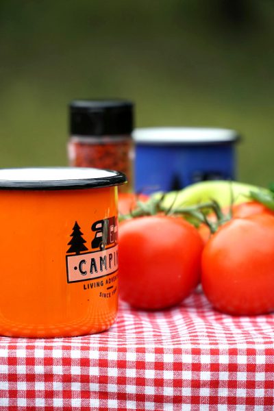 A bright orange camping mug with the words "CAMPING" printed on it, sits next to two fresh tomatoes and an uncolored blue cup on top of a red gingham tablecloth. In the background is a jar filled with spices and herbs, ready for cooking outdoors. The scene captures a casual outdoor setting, perfect for enjoying nature's beauty while preparing delicious dishes in the style of a casual painter.