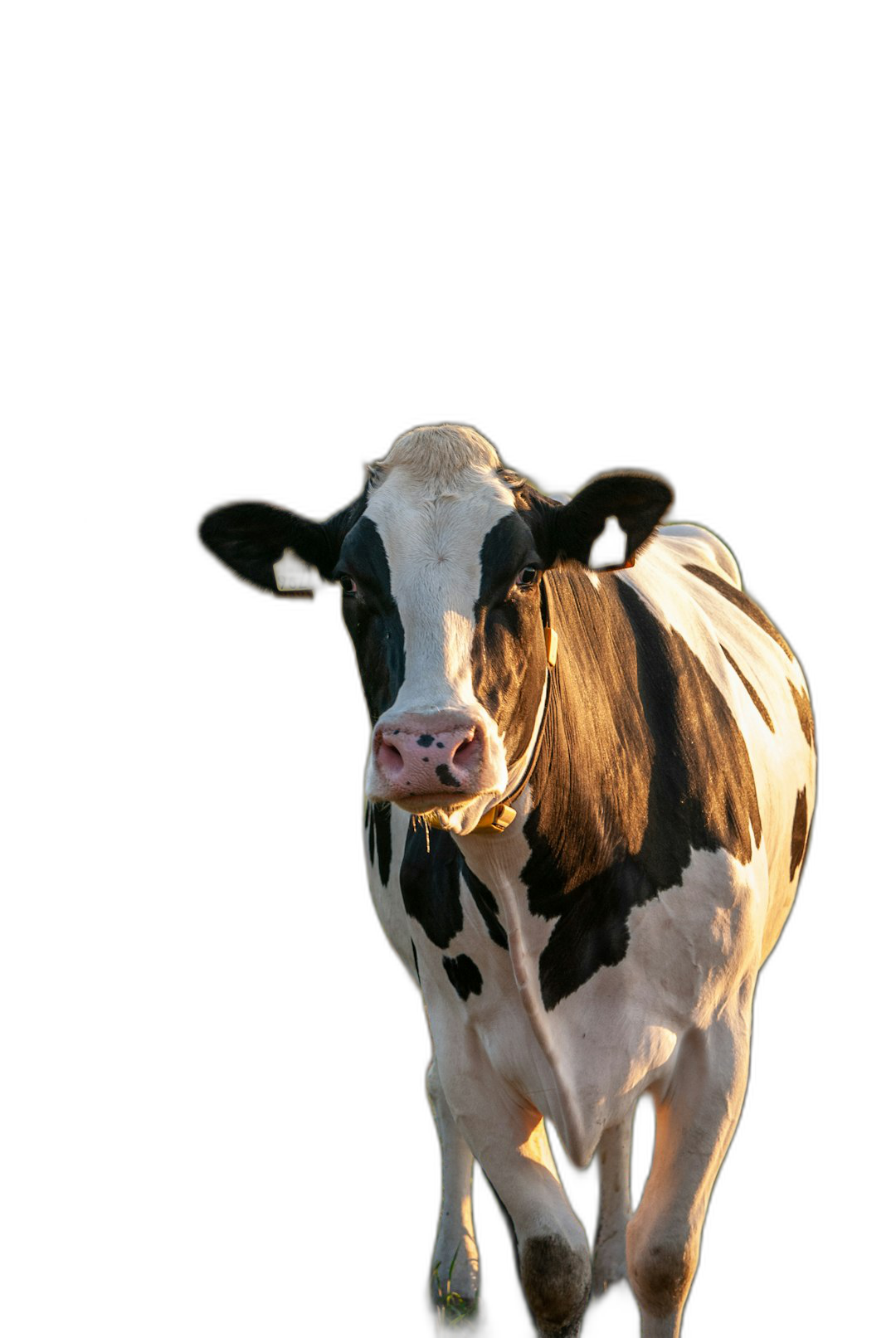 A cow standing in front of the camera, with a black background and backlight, in a professionally photographed, sharply focused full body shot with very detailed high resolution details.  Transparent Background