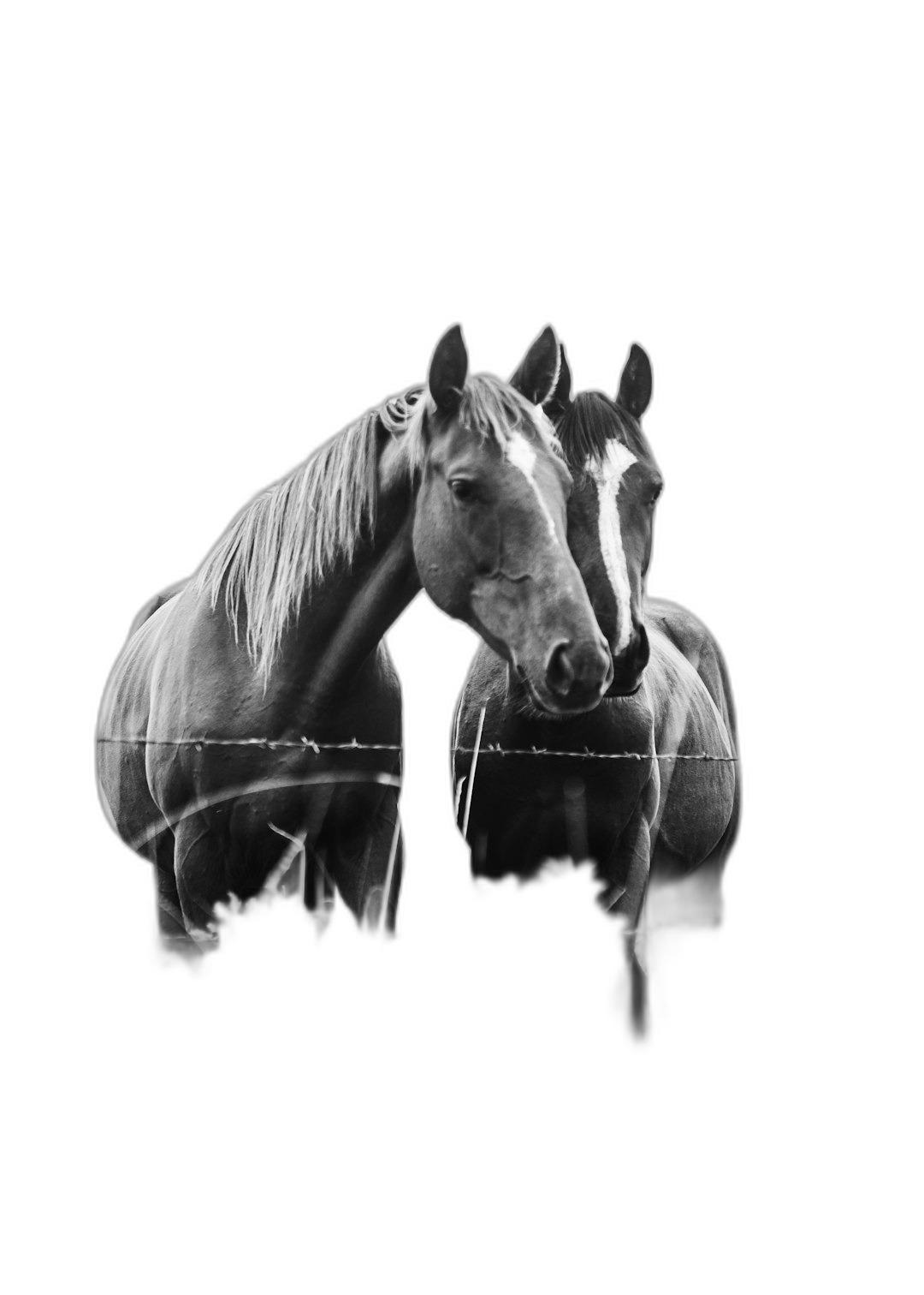 Black and white photography of horses standing behind each other with their heads touching, black background, double exposure in the style of the artist.  Transparent Background