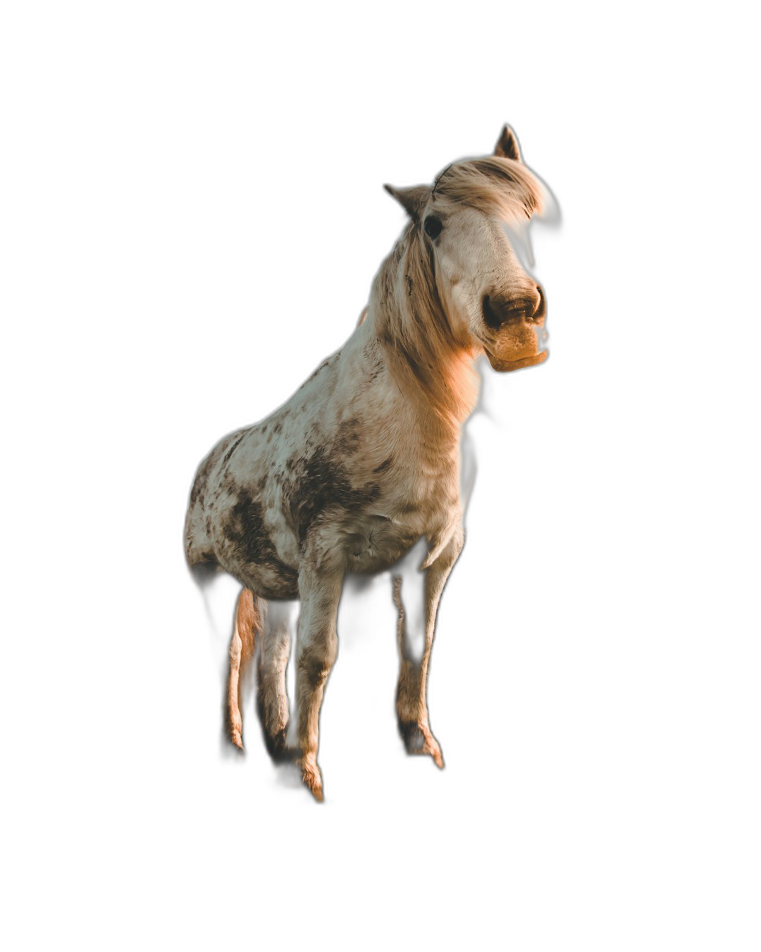 A realistic photo of a horse, isolated on a black background, with a little light coming from the right side, in a 3/4 position and looking at the camera, with its head tilted back slightly. The animal is standing upright and has long hair that covers most parts of its body except for one leg which you can see completely. It also appears to be blowing out some air or breath as if spitting something out, in the style of a realistic photo.  Transparent Background