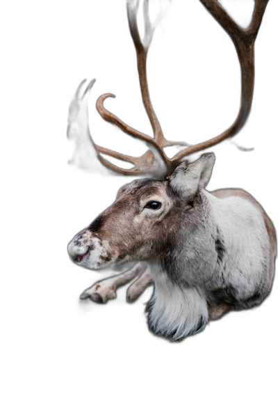 Photo of A reindeer with white fur, its head turned to the side and hanging upside down from behind on black background, taken by Nikon d850, full body shot  Transparent Background