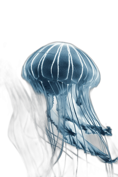 One jellyfish, white and blue in color with a black background, in the style of xray, macro photography, high resolution  Transparent Background