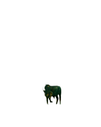 A small, greenish glowing ox floating in the darkness with no visible background, floor, or ground, drawn in the style of a high resolution, high quality image.  Transparent Background