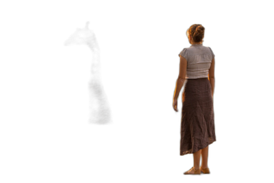 Photo of an adult woman standing in the dark, seen from behind with her back to us and wearing light colored and skirt, she is facing forward and looking down at something on ground in front of her, black background, hyper realistic photography  Transparent Background