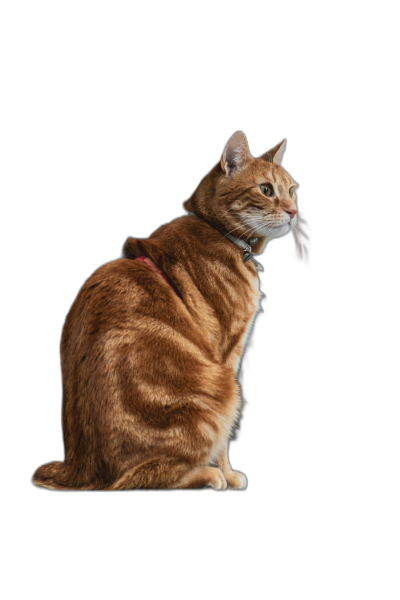 A ginger cat sitting on the side, wearing a red collar with a tag, back view, isolated on a black background, in a full body shot, in the style of studio photography with professional lighting, in a photorealistic style.  Transparent Background