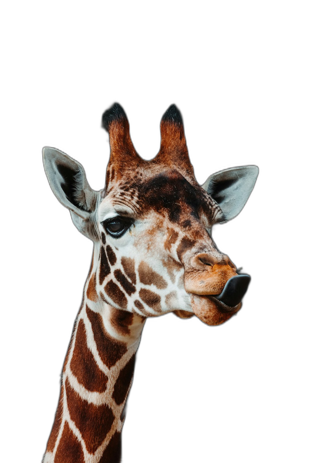 Giraffe portrait, looking at the camera, black background, cute expression, simple composition, studio shot, portrait photography, soft light, natural colors, in the style of portrait photography, in the style of portrait photography, high definition details  Transparent Background