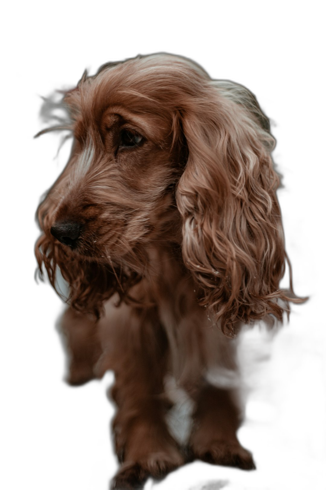 Cocker Spaniel, portrait of the dog with her hair blowing in the wind, black background, Award winning photography, professional color grading, soft shadows, no contrast, clean sharp focus digital photography, in the style of professional photographers.  Transparent Background