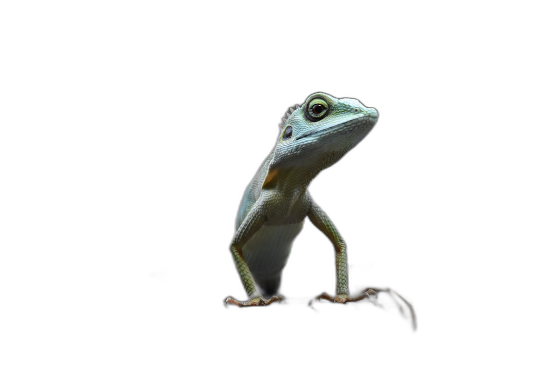 A cute white lizard with green eyes stands on its hind legs against a black background in the style of high definition photography studio light.  Transparent Background