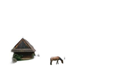 A small hut and horse on the left side of an all-black background, in the style of high resolution cinematography.  Transparent Background