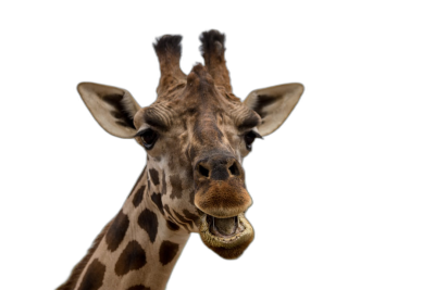 Close up portrait of happy giraffe with open mouth isolated on black background, professional photograph, high resolution  Transparent Background