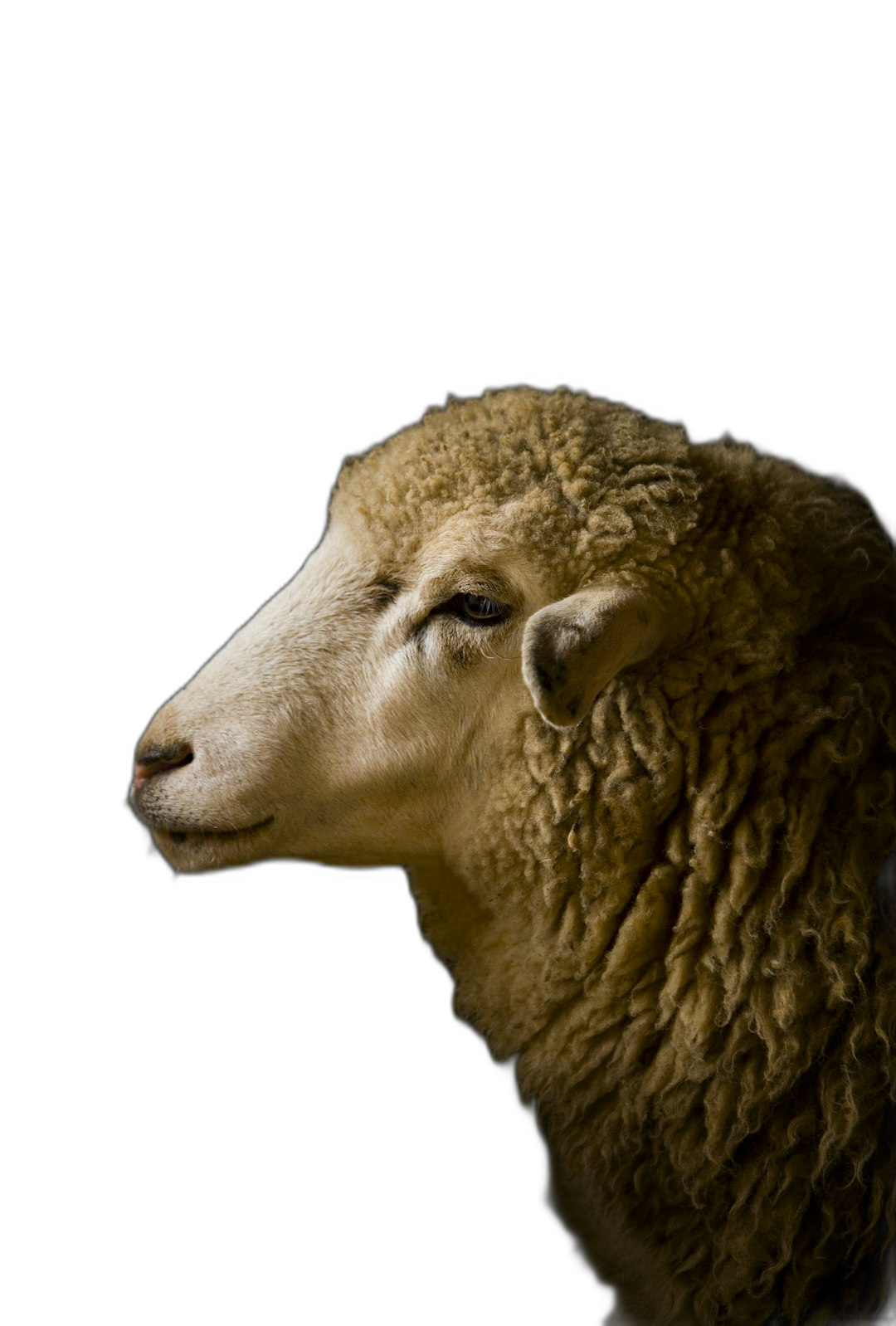 A sheep portrait in the style of side view, solid black background, high resolution photography  Transparent Background