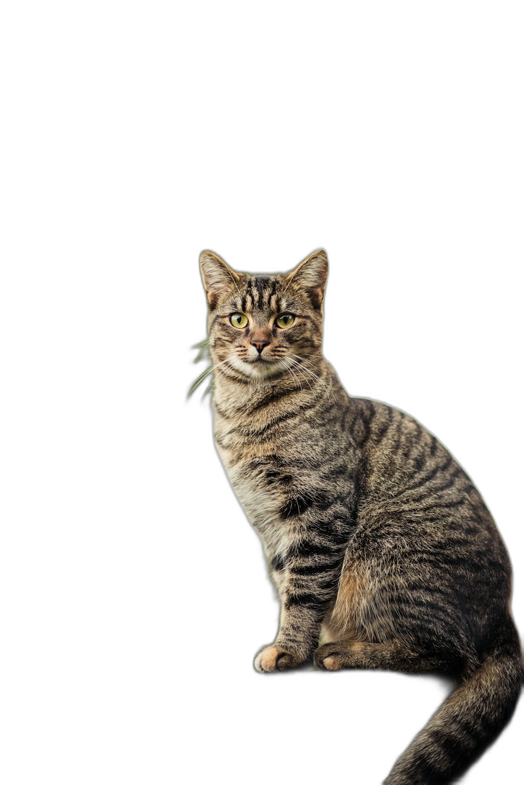 A sitting cat with striped fur, isolated on a black background, portrait photo in the style of studio light.  Transparent Background