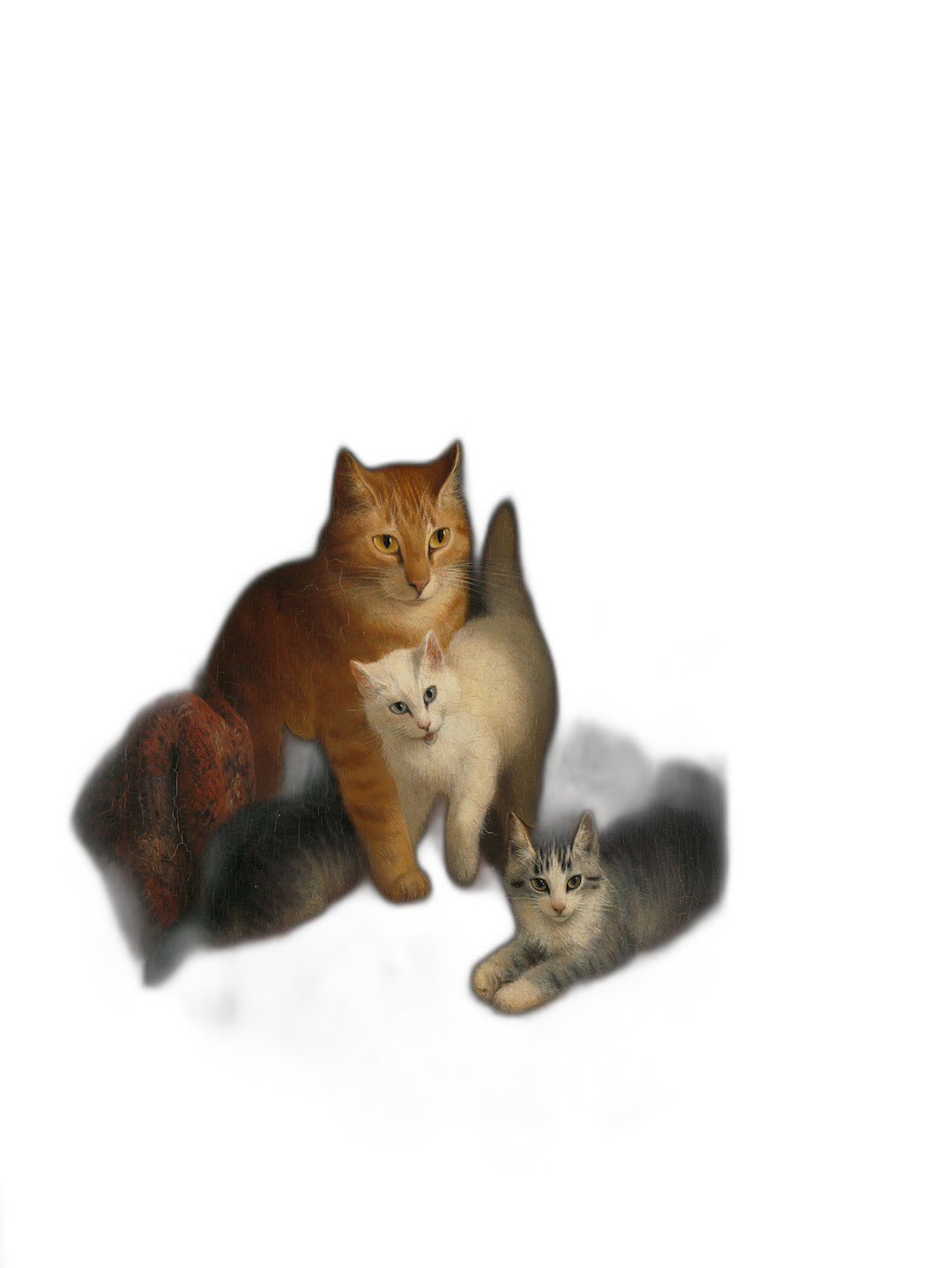 3 cats, orange cat, white grey kitten and black one, in the dark, posing for photo, flash photography, portrait, low angle shot, ultra realistic, cinematic, professional lighting,  Transparent Background