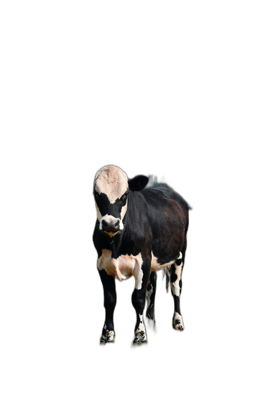 A cow standing in the dark, full body shot against a black background, in high definition photography style.  Transparent Background