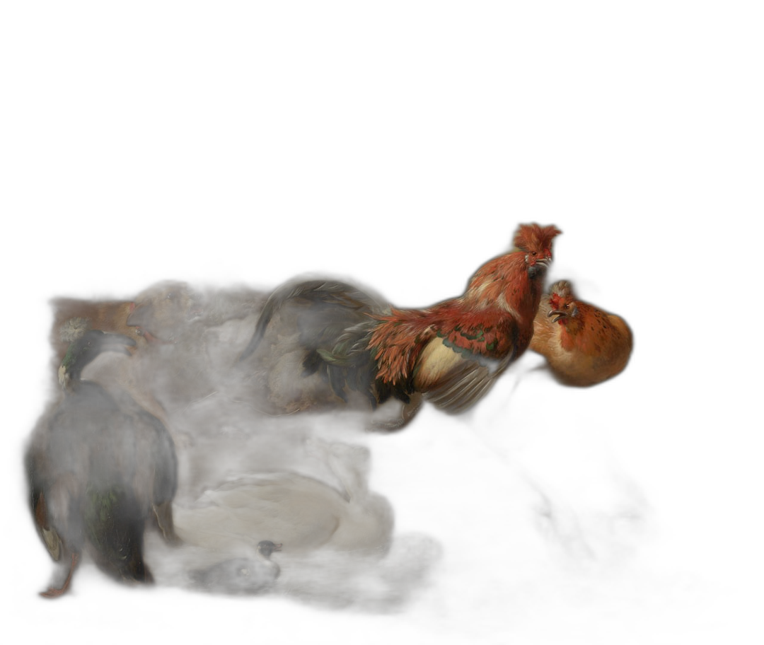 A dead chicken laying on top of other animals, oil painting in the style of [Caravaggio](https://goo.gl/search?artist%20Caravaggio), dark background  Transparent Background