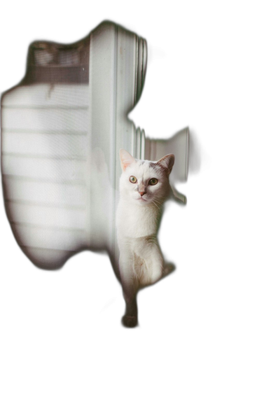 A white cat sits on the window sill, with its head out of focus and visible in front is another cat standing outside looking through an open door, dark background, closeup shot, minimalist photography style, symmetrical composition, cinematic lighting, high contrast between light and shadow, Nikon D850, 3264mm f/2 lens, f/7 aperture.  Transparent Background