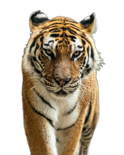 tiger walking towards the camera, isolated on black background, portrait photo  Transparent Background