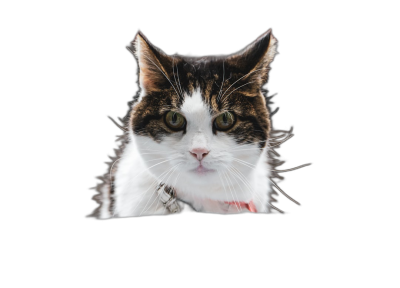 front view photo of white and brown cat, cute, curious eyes, sitting on black background, isolated  Transparent Background