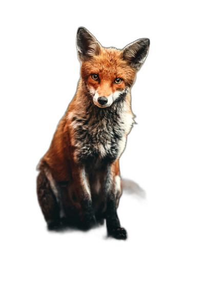 A red fox sitting and looking at the camera, isolated on a black background, in the style of hyper realistic photography.  Transparent Background