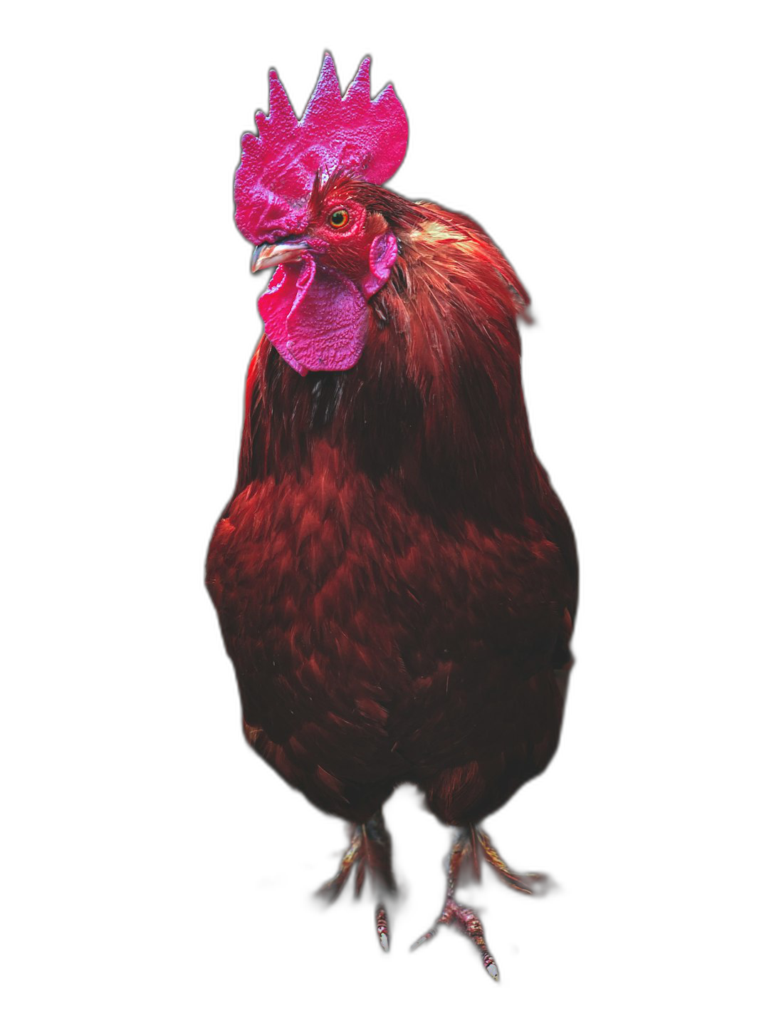 A red rooster with pink comb, standing on black background, photorealistic, hyperrealism, studio lighting, high resolution photography, insanely detailed and intricate, fine details, isolated plain, stock photo  Transparent Background