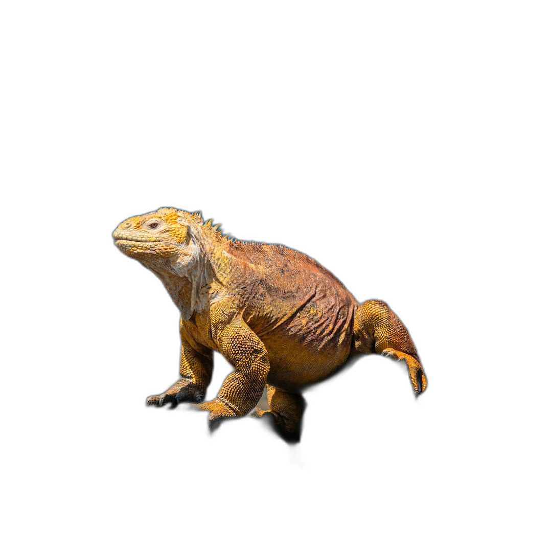 A yellow Galapagos land iguana running on a black background, from the side view, in a hyper realistic photographic style. Transparent Background