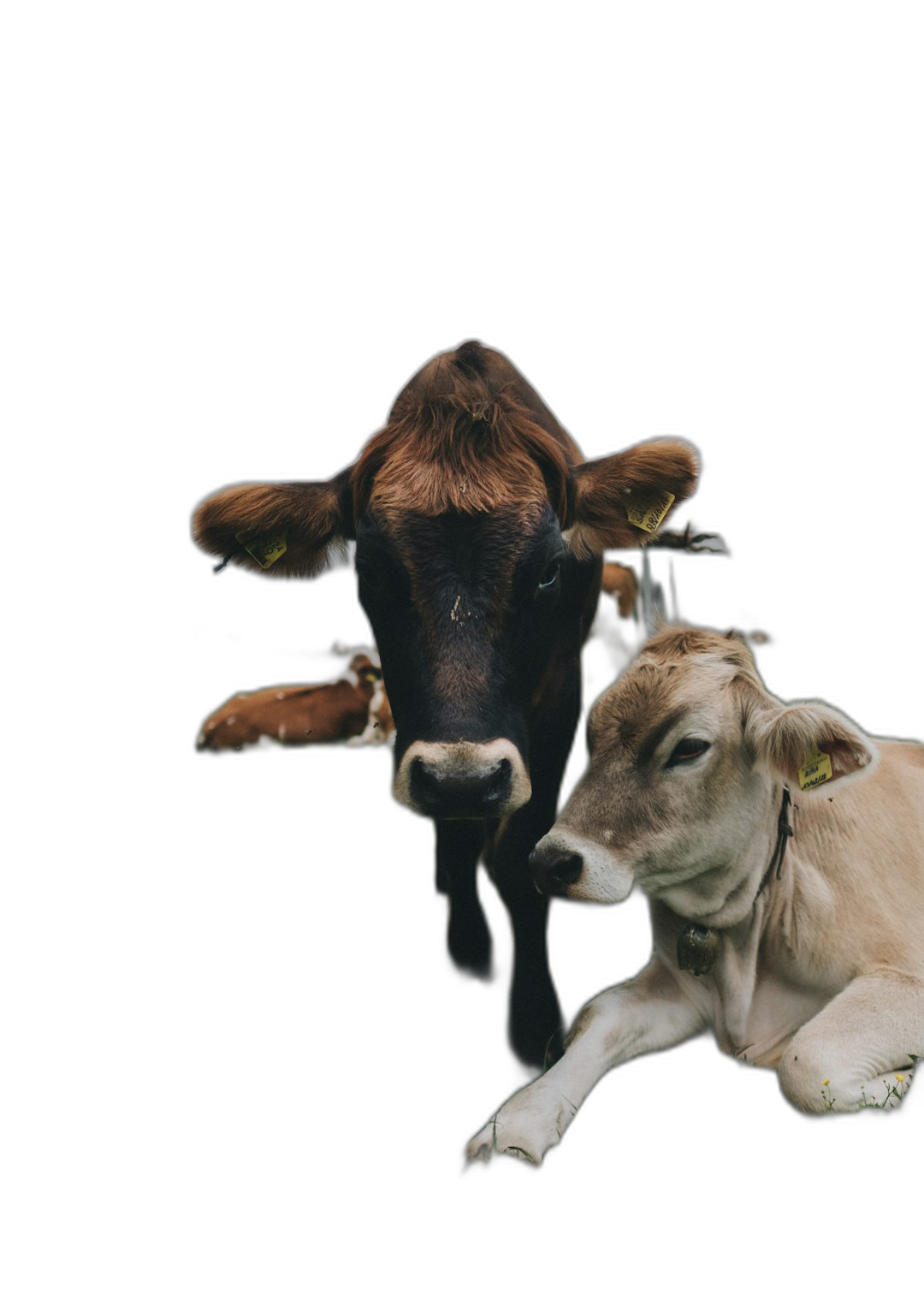 Cows, black background, high definition photography of two cows, one cow is brown and the other white in color. The baby calf lies next to it, cute style, minimalism, high resolution  Transparent Background