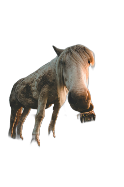 A full body shot photo of an old horse with its head down, eating food from the ground, isolated on black background, warm lightening, studio photography, professional lighting, sharp focus, high resolution  Transparent Background