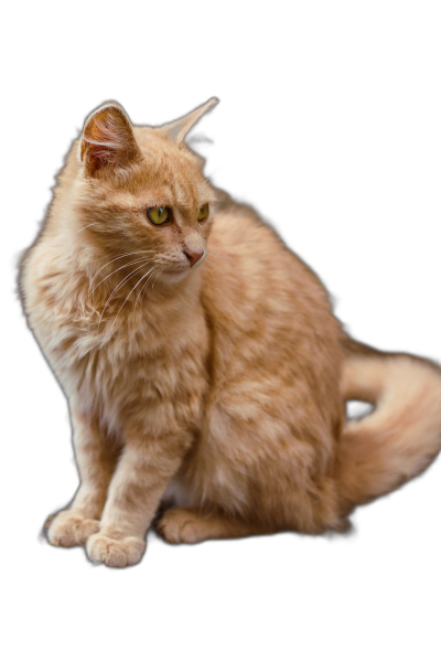 A light orange cat with golden eyes, sitting sideways on a black background, looking at me, with fluffy hair, in the style of a real photo, with studio lighting, as a whole body shot, with high definition photography.  Transparent Background