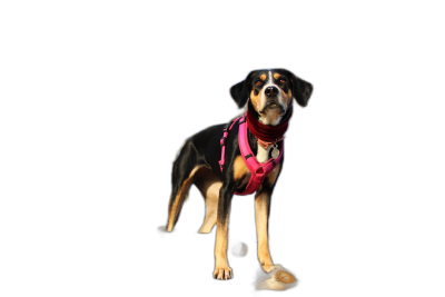 A mixed breed dog wearing a pink and black harness standing on the ground, isolated against a solid black background, in the style of professional photography.  Transparent Background