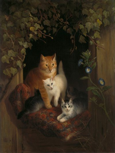 Three cats, one ginger cat and two white cats with grey spots sitting on an old red blanket in the window of a wooden house surrounded by morning glory vines, painted in the style of Mihaly Rappoerosz and [Hans Heysen](https://goo.gl/search?artist%20Hans%20Heysen). --ar 3:4