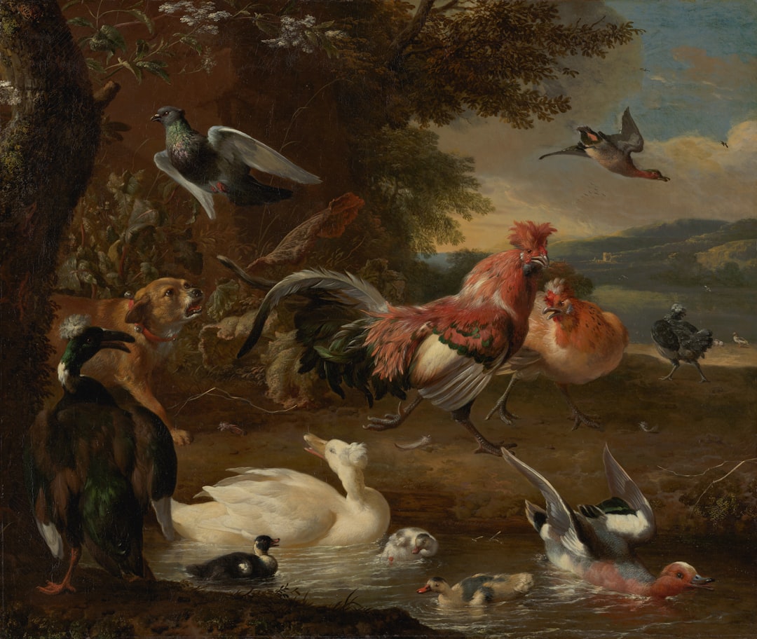 A group of animals in the style of an old painting, including dogs and chickens surrounded by ducks and other birds on a riverbank, with a landscape background. Oil paint. In the center is an angry rooster who has caught two hens that had run away from their henhouse. The dog next to him looks at them together with curiosity. A few details such as trees or rocks can be seen around. –ar 32:27