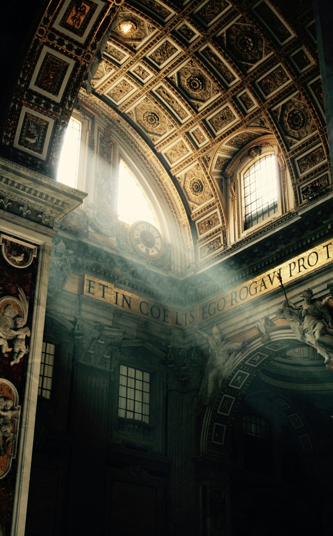 The words “OPENed to the Past, Open for The Future” written on an arch in St Peter’s Basilica, Rome, with sunlight streaming through windows and painting light across the ceiling, in dark tones with intricate details, shot in the style of Leika M9. –ar 79:128