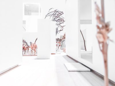 White space with two small drawings of landscape architecture on the wall, floor-to-ceiling windows in the background, a long table at one end of which is an architectural model, surrounded by flowers and plants, minimalist style, closeup, natural light, professional photography, depth of field effect, high resolution.