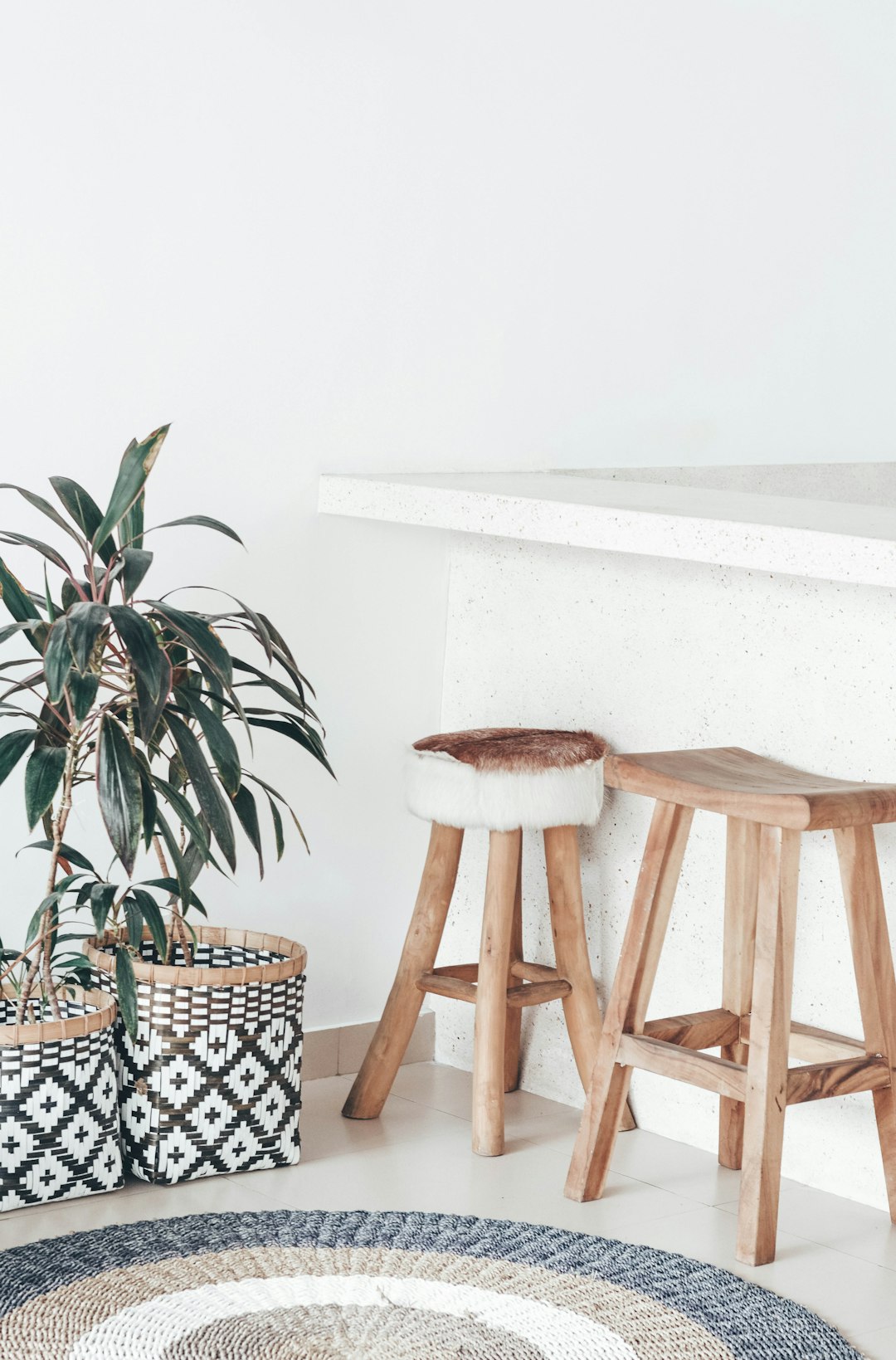 wooden barstools in front of a white wall, next to them is an empty space on the counter and there are also some plants beside it. The floor has a black and grey round rug with a geometric pattern, white walls, with a minimalistic interior design style, neutral tones, aesthetic photography, in the style of a professional photoshoot.