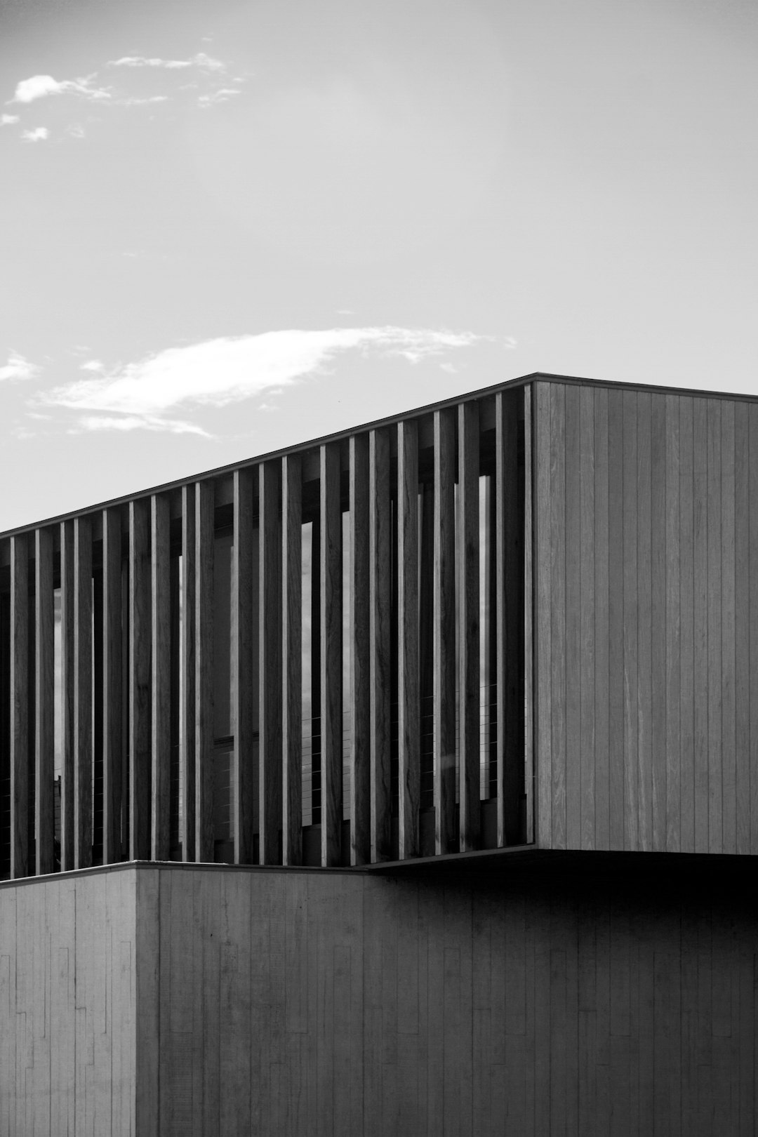 A black and white photo of the facade of an art museum, with concrete panels and vertical wooden slats, in the style of minimalism and modernist architecture. An architectural photography of the building under an overcast sky.