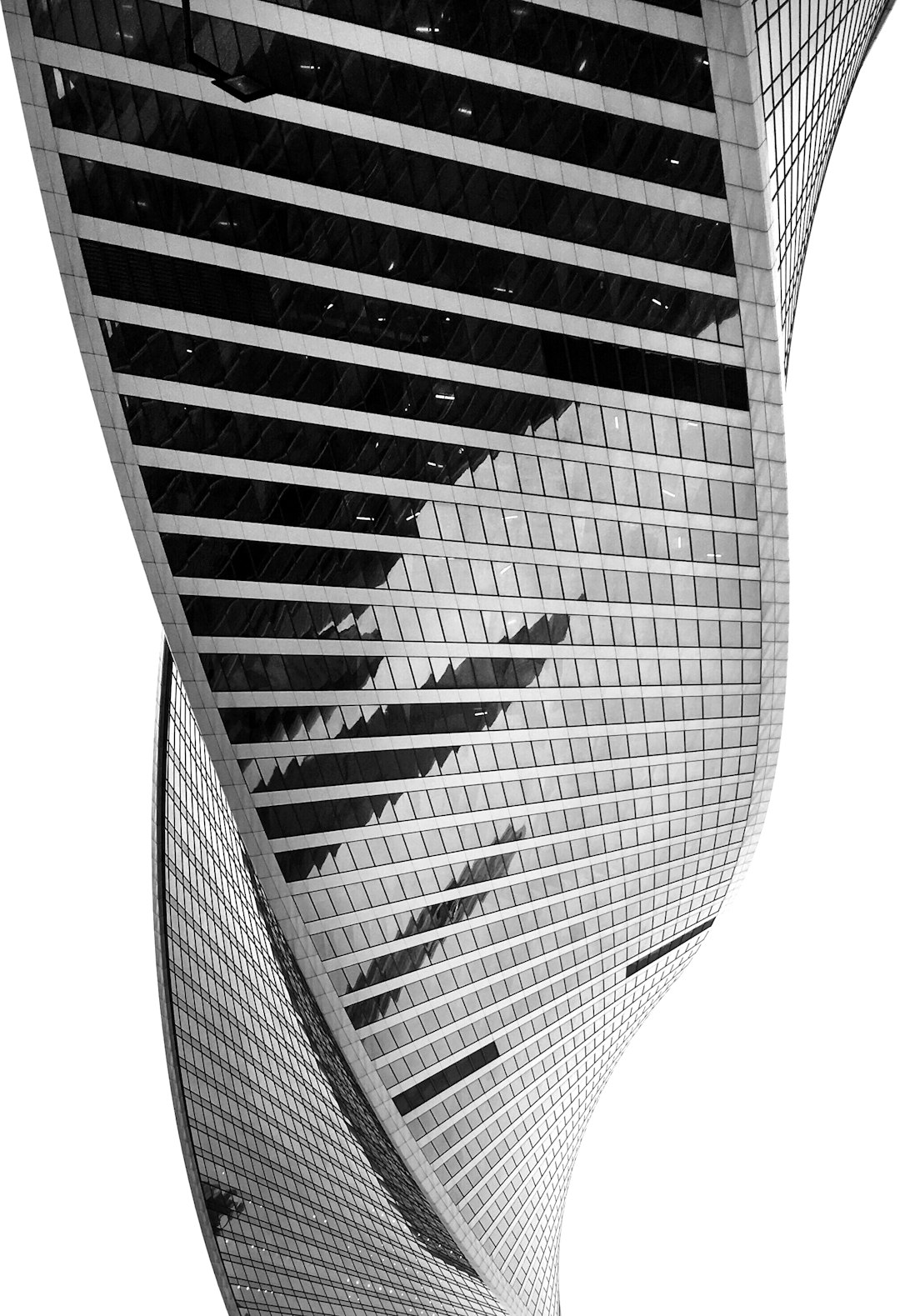 High angle photo of the GCreative modern architecture, skyscraper in Moscow City, award winning black and white photography, minimalist, high contrast, sharp focus, hyperdetailed, cinematic shot in the style of film. –ar 87:128