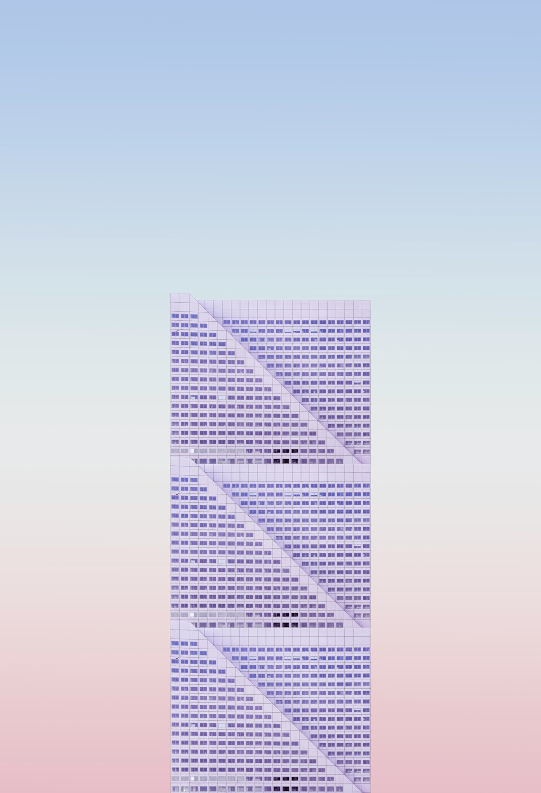 Simple vector graphics, minimalist style, full screen mobile phone wallpaper of highrise buildings composed of lines and squares with light purple as the main color tone. Simple style, blue gradient background, white space in the middle bottom area for text, minimalism, in the style of Ivan Chermayeff.