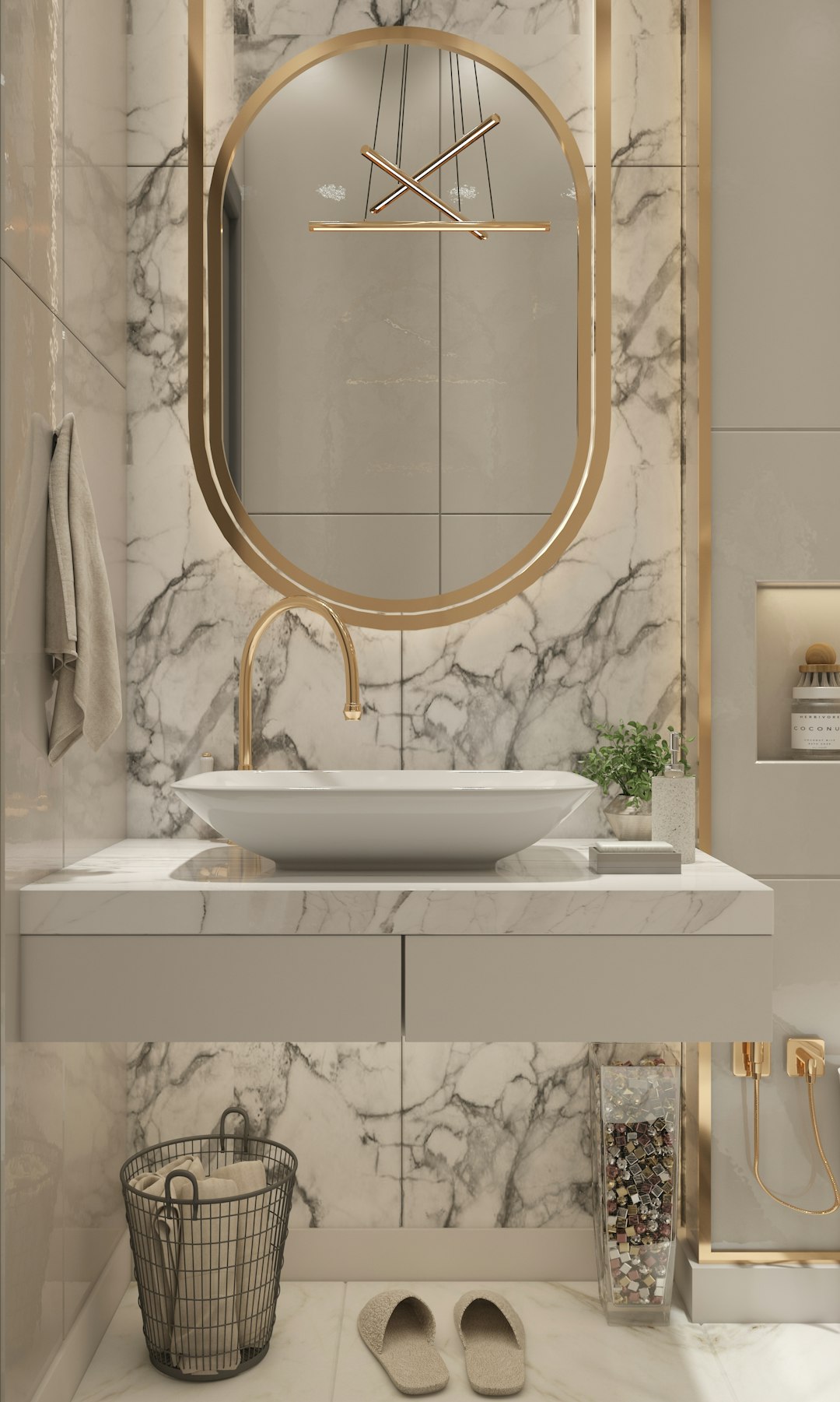 3D rendering of a golden and white marble bathroom with a floating sink, mirror above the washbasin, gray tiles on the walls, beige wall paint, a small laundry basket under the sink, soft lighting, interior design concept idea, natural light, golden accent lights, high resolution photography, insanely detailed with fine details, isolated background, stock photo quality, natural look.