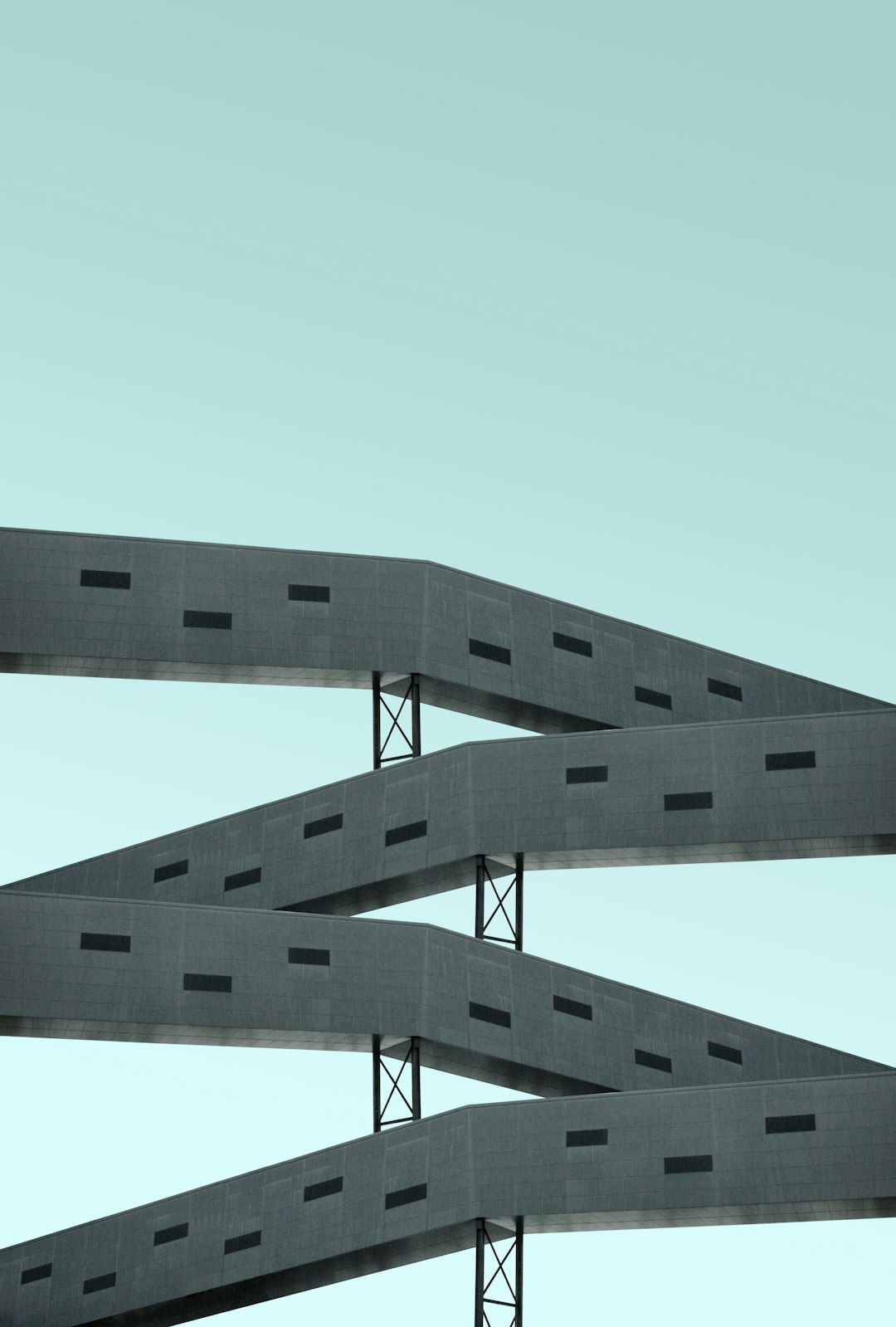 minimalist architecture photography, grey minimalist concrete bridge structure with horizontal lines, light blue sky background, symmetrical composition, cinematic shot in the style of Rory Gardiner, [Bruce Gilden](https://goo.gl/search?artist%20Bruce%20Gilden), and [Diane Arbus](https://goo.gl/search?artist%20Diane%20Arbus) in color, macro lens, high contrast lighting, hyper realistic, detailed textures –ar 43:64