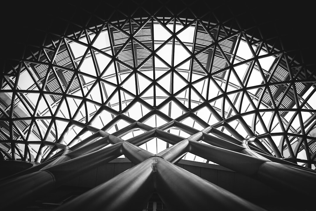 A black and white photo of the dome roof structure, with symmetrical geometric shapes made from steel beams, creating an intricate pattern that adds depth to its surroundings. The focus is on the detailed design of metal pipes forming triangular structures in contrast against the light background. This composition emphasizes architectural precision, showcasing the beauty of modern architecture through the interplay between geometry and materials in the style of modern architecture. –ar 128:85